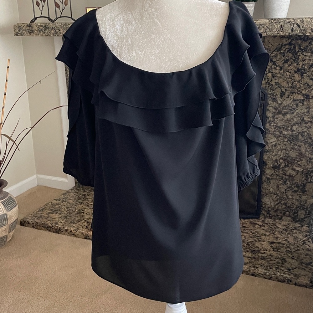 INC International Concepts Black Ruffle Sleeve Blouse